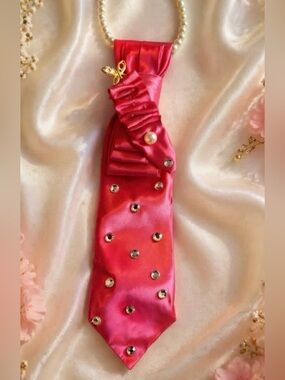 Peach Satin Jeweled Statement Tie Necklace